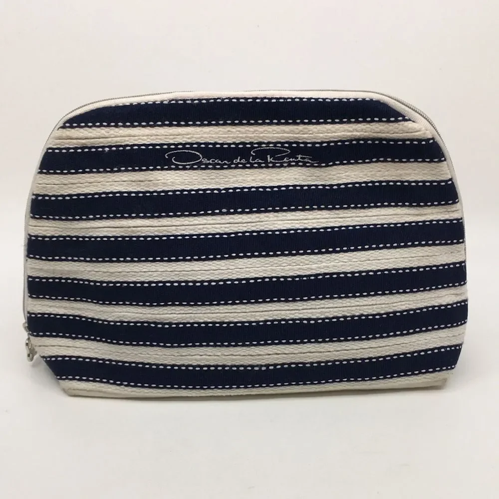 Oscar de la Renta Navy Blue and Cream Striped Padded Makeup / Cosmetic Bag